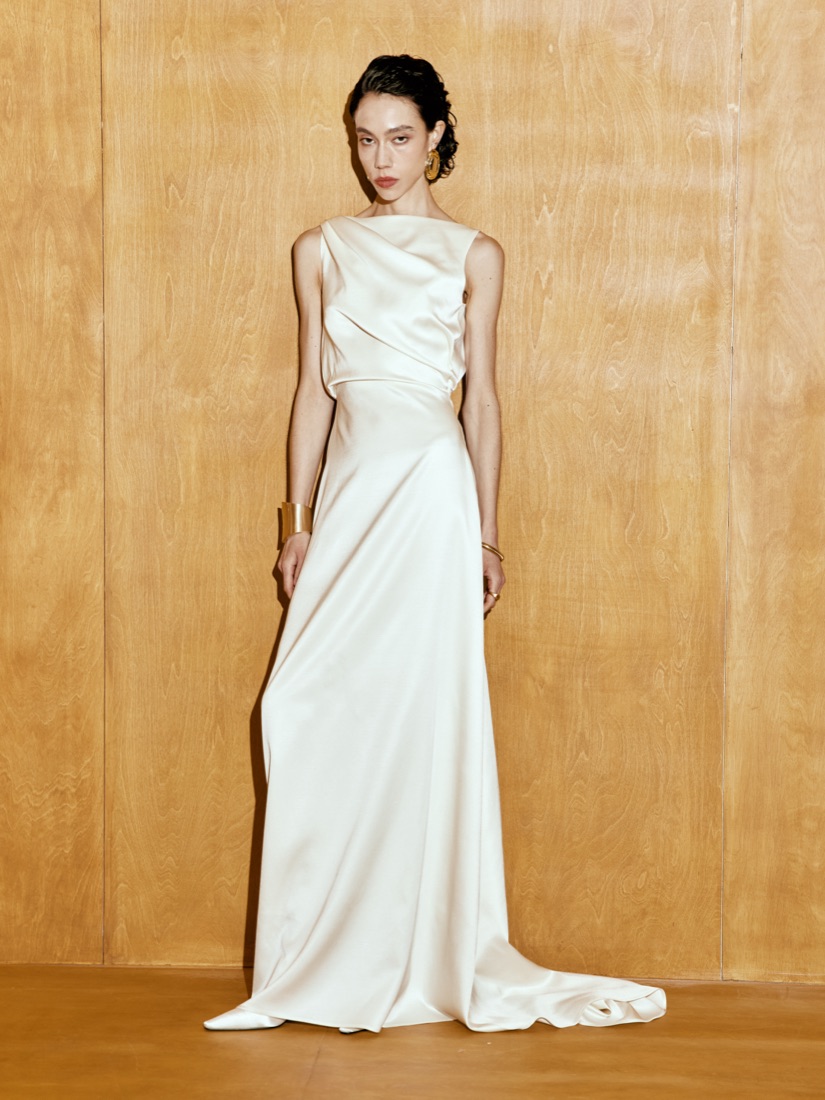 A backless satin gown at Lichée Bridal, Bay Area