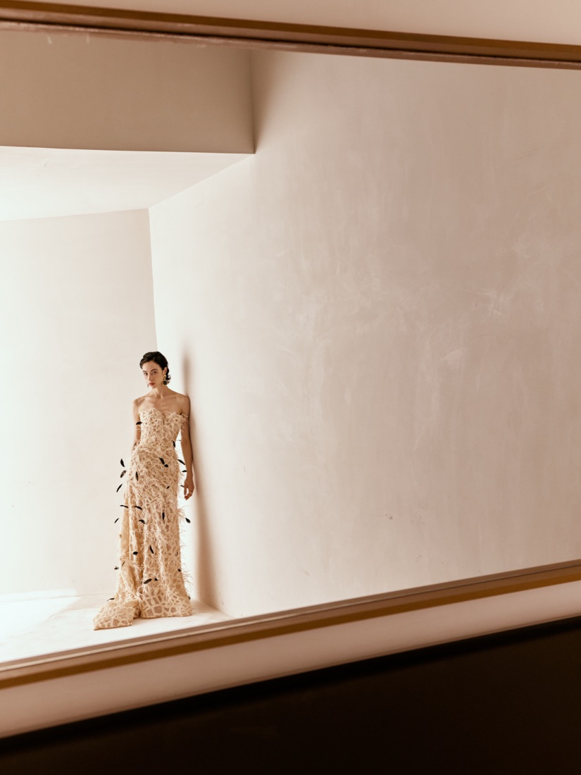 A feathered gown at Lichée Bridal, Bay Area