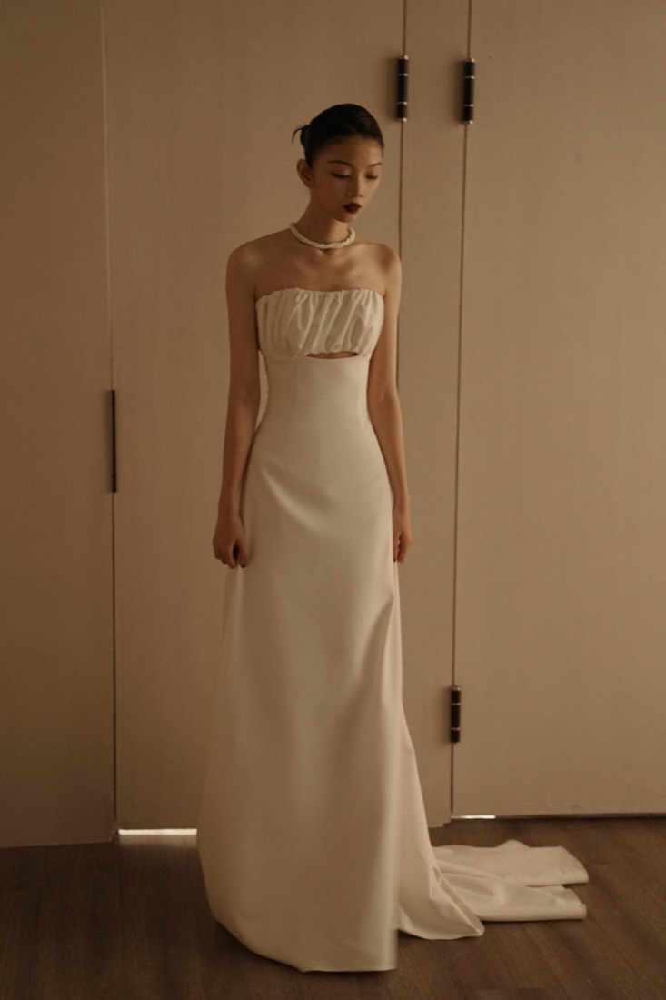 The Midnight in Paris column gown at Lichée Bridal, Bay Area