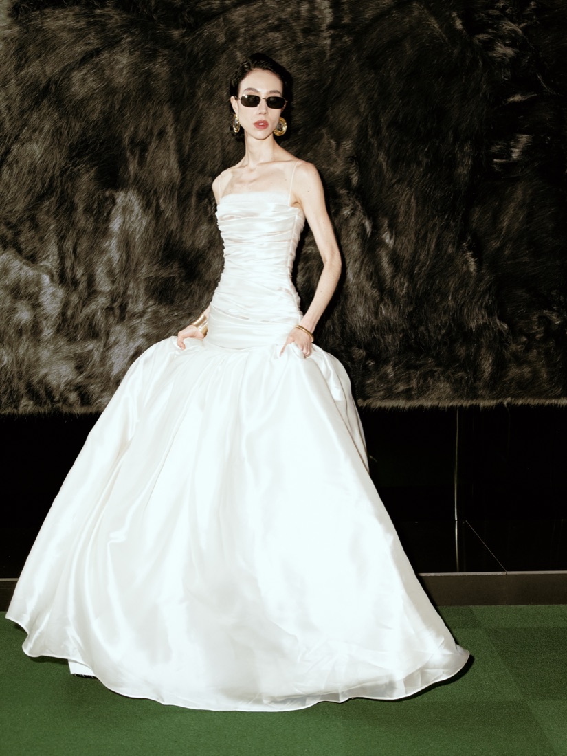 A ruched satin gown at Lichée Bridal, Bay Area — detail 2 of 6