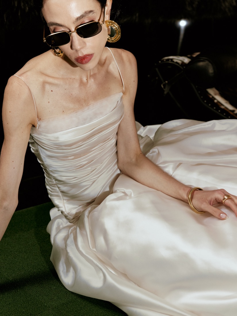 A ruched satin gown at Lichée Bridal, Bay Area — detail 5 of 6