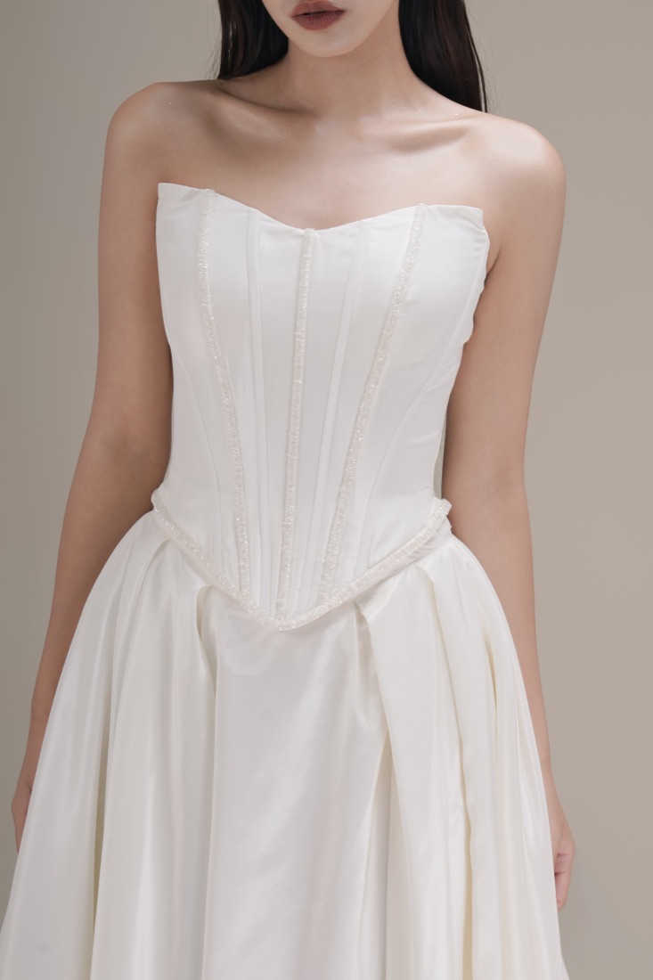 A corseted gown at Lichée Bridal, Bay Area