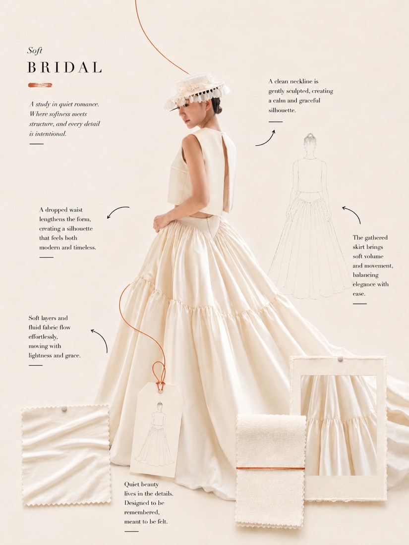Soft bridal design study: a dropped-waist two-piece with a gathered skirt, annotated